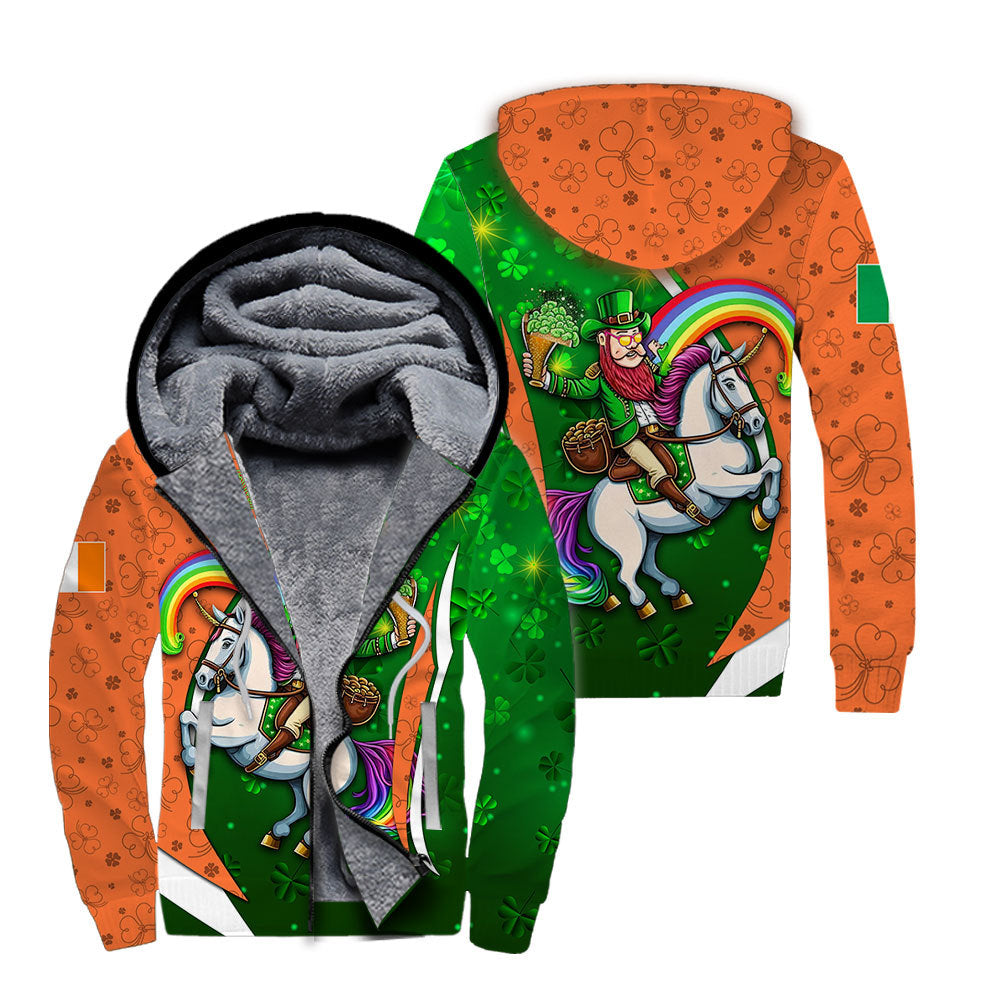 St Patrick's Day Leprechaun Ride Unicorn Fleece Zip Hoodie For Men & Women