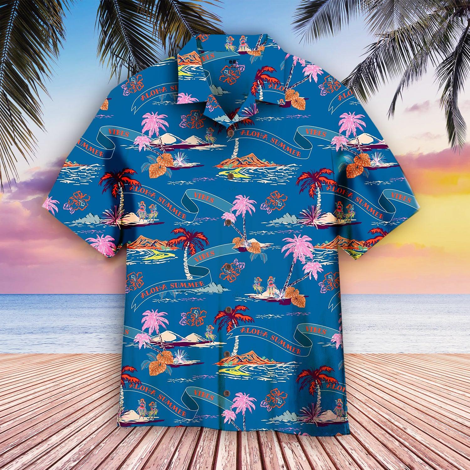Trendy Tropical Island On Dark Ocean Blue Palm Trees Beach Hawaiian Shirt For Men & Women