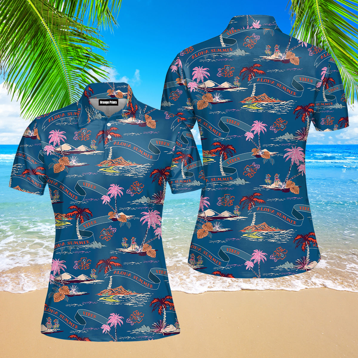 Trendy Tropical Island On Dark Ocean Blue Palm Trees Beach Polo Shirt For Women