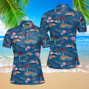 Trendy Tropical Island On Dark Ocean Blue Palm Trees Beach Polo Shirt For Women