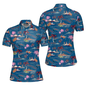 Trendy Tropical Island On Dark Ocean Blue Palm Trees Beach Polo Shirt For Women