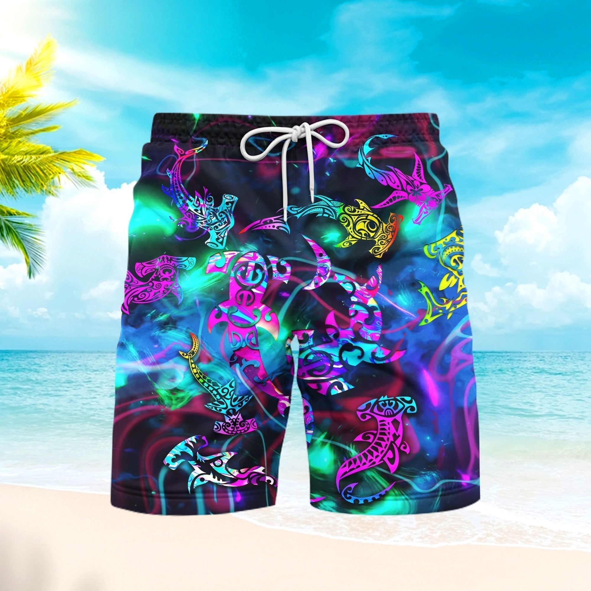 Tribal Shark Maori Neon Beach Shorts For Men