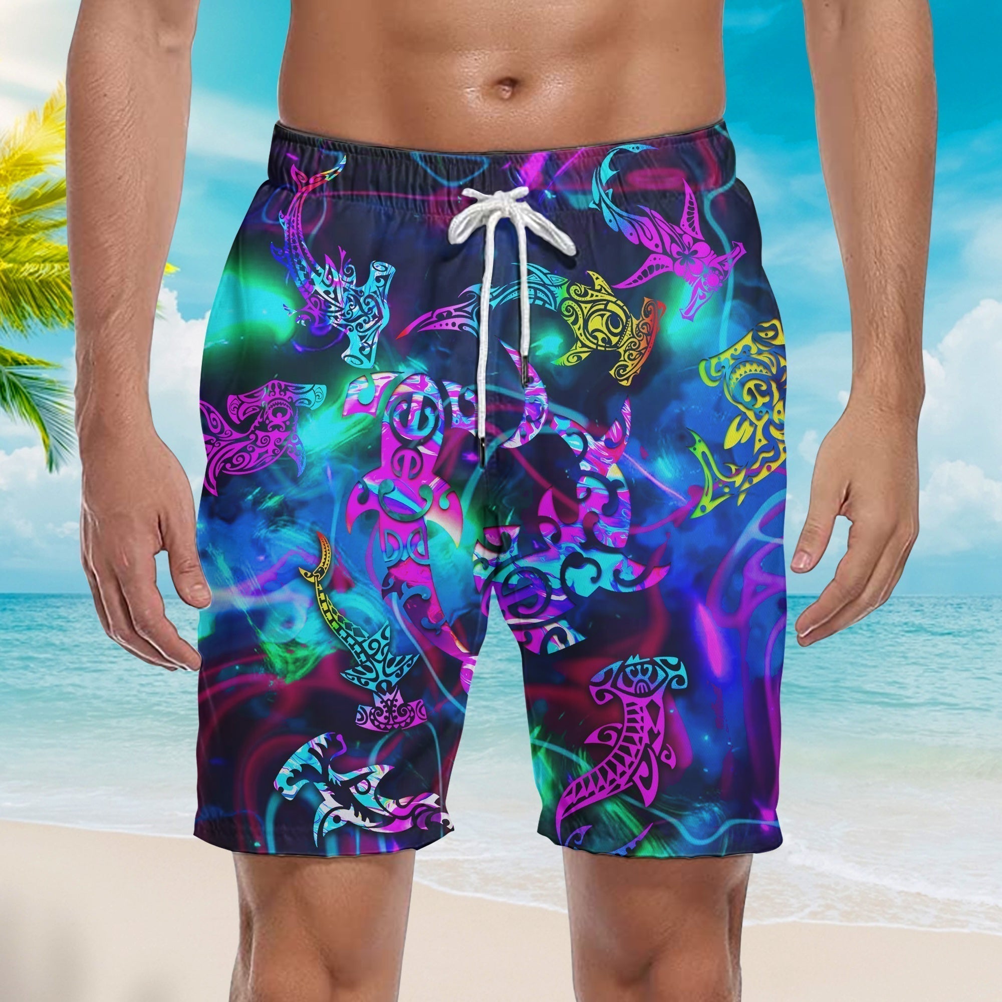 Tribal Shark Maori Neon Beach Shorts For Men