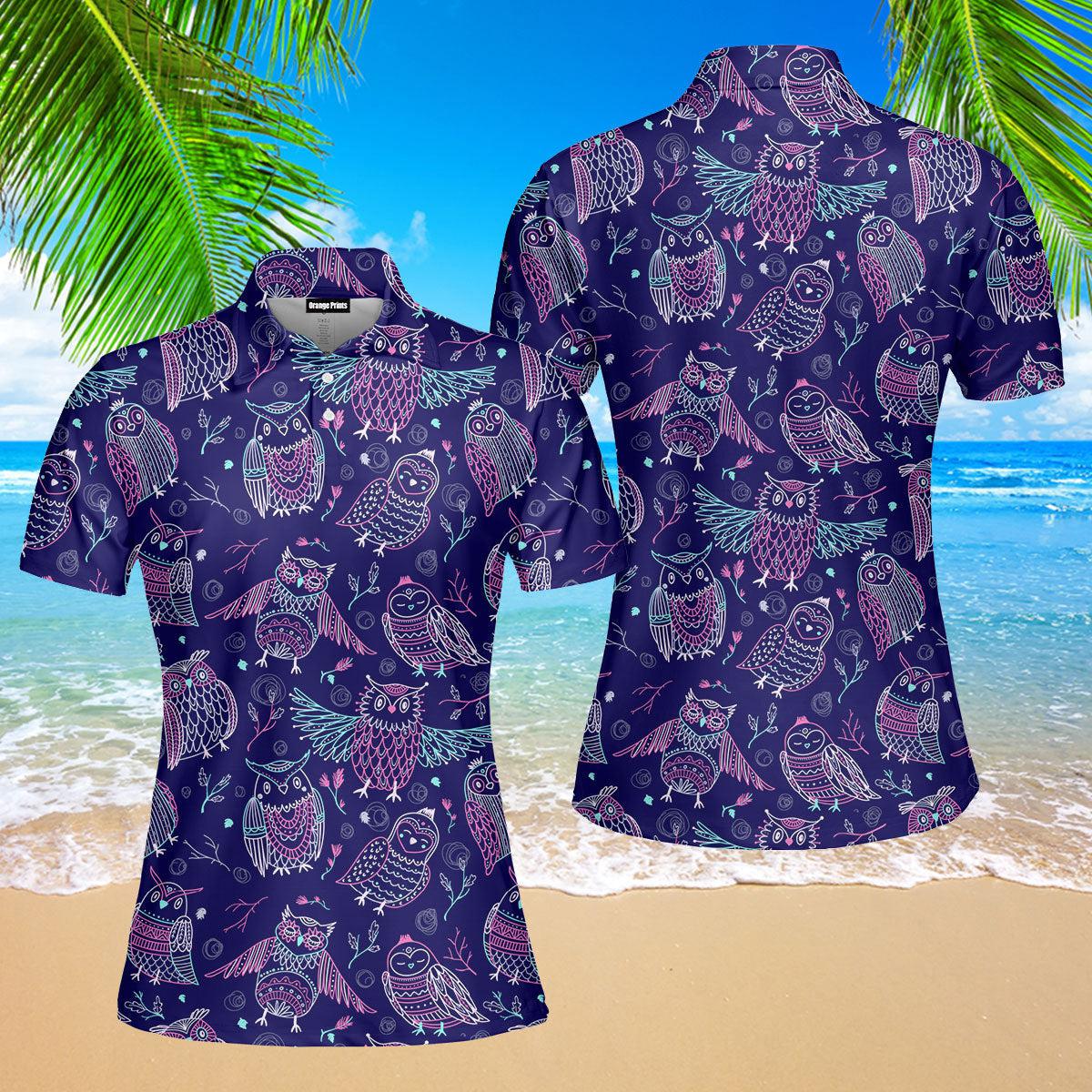 Tropical Colorful Neon Owl Polo Shirt For Women