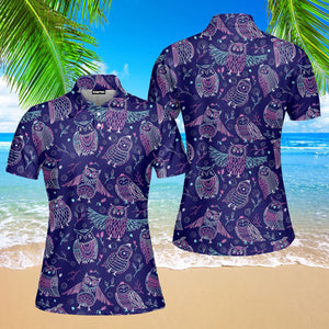 Tropical Colorful Neon Owl Polo Shirt For Women