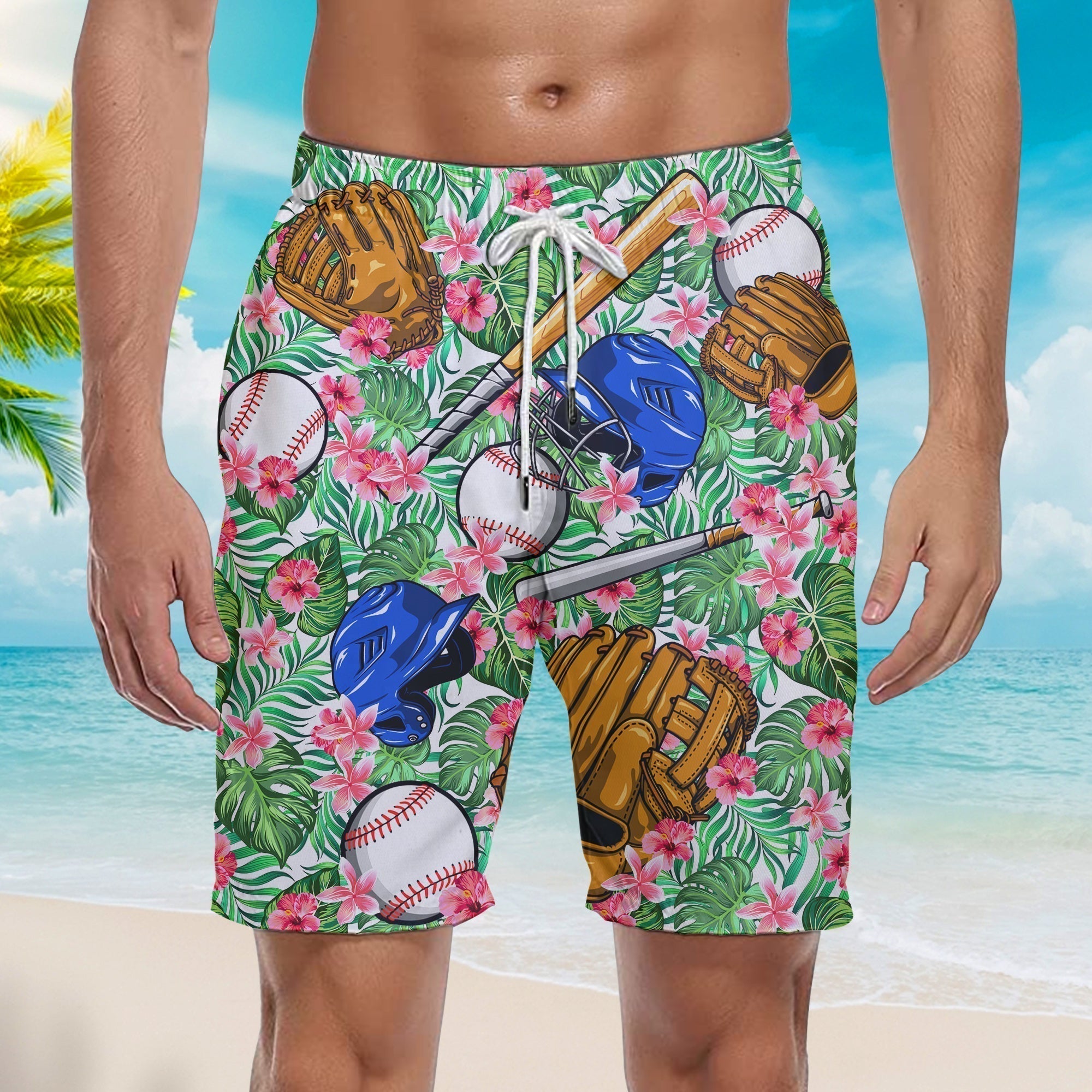 Tropical Hibiscus Flowers Baseball Is My Life Beach Shorts For Men