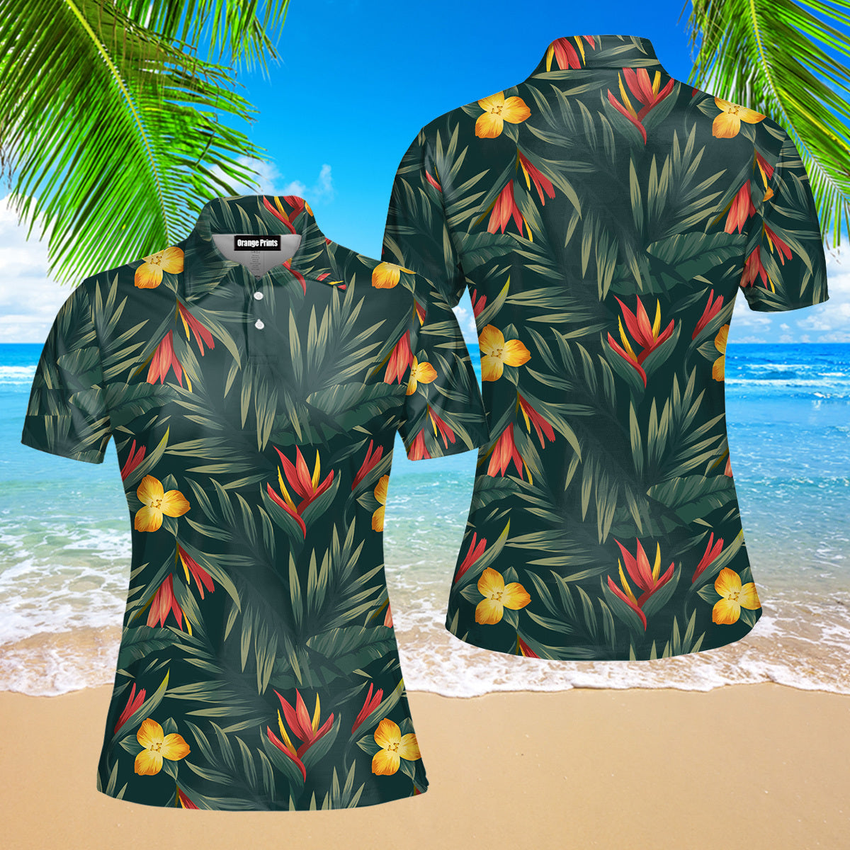 Tropical Leaves And Flowers Polo Shirt For Women