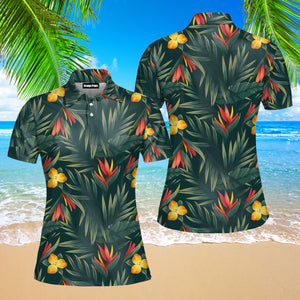 Tropical Leaves And Flowers Polo Shirt For Women