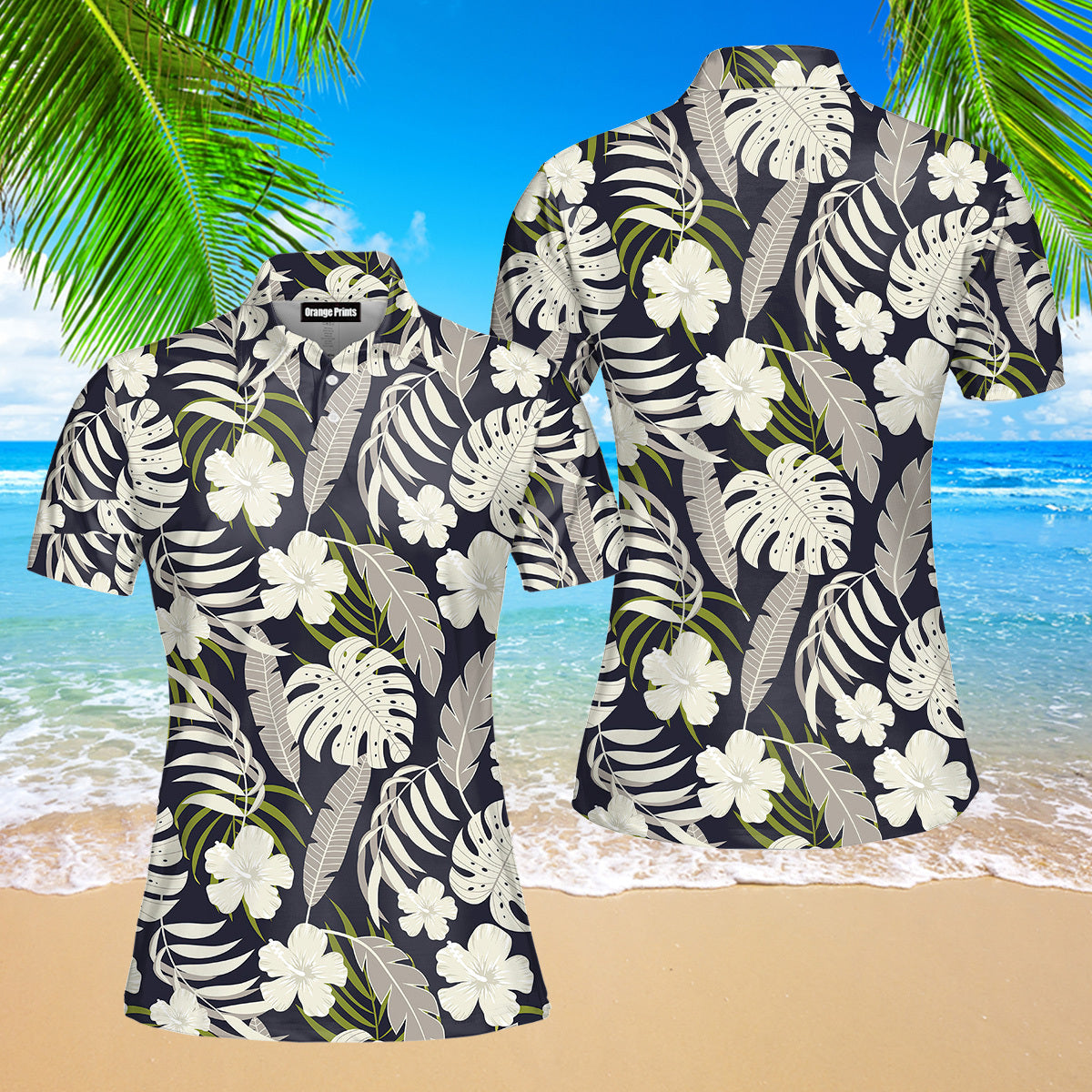 Tropical Seamless With White Flowers And Plants Pattern Polo Shirt For Women