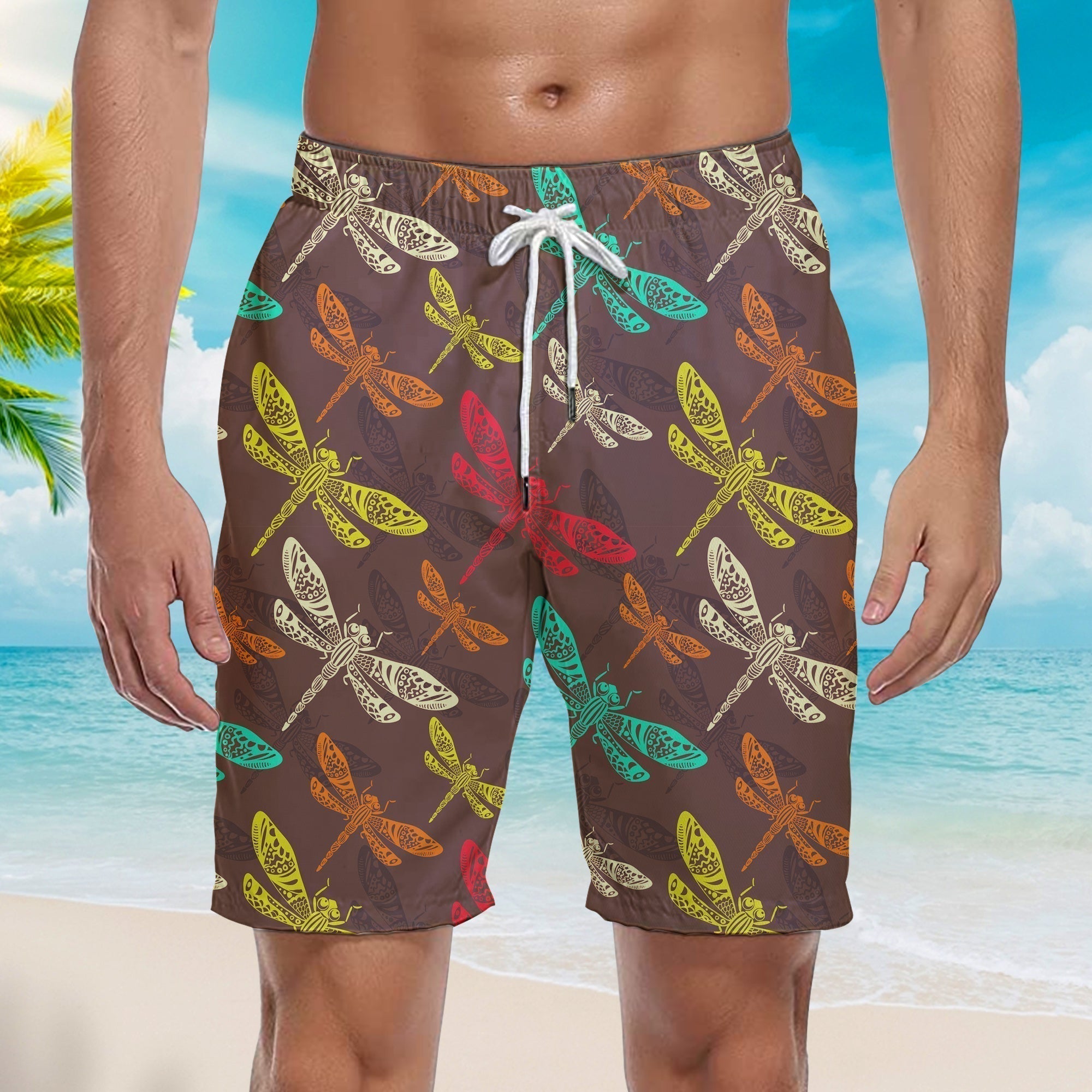 Vintage Colorful Dragonfly Beach Shorts For Men
