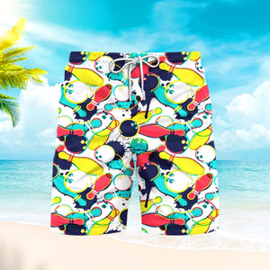 Watercolor Bowling Ball Pins Colorful Beach Shorts For Men