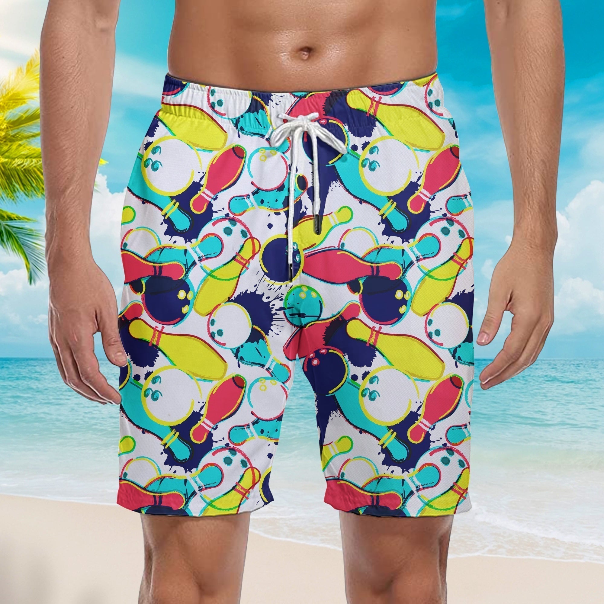 Watercolor Bowling Ball Pins Colorful Beach Shorts For Men