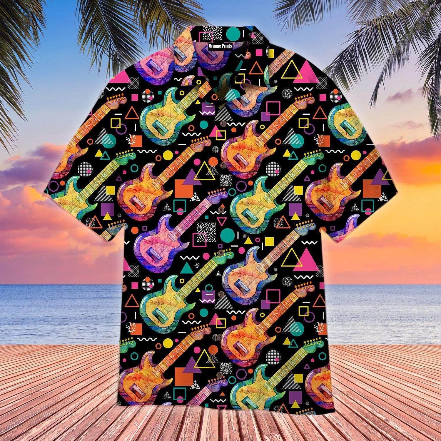Watercolor Electric Guitar Black Aloha Hawaiian Shirt For Men & Women