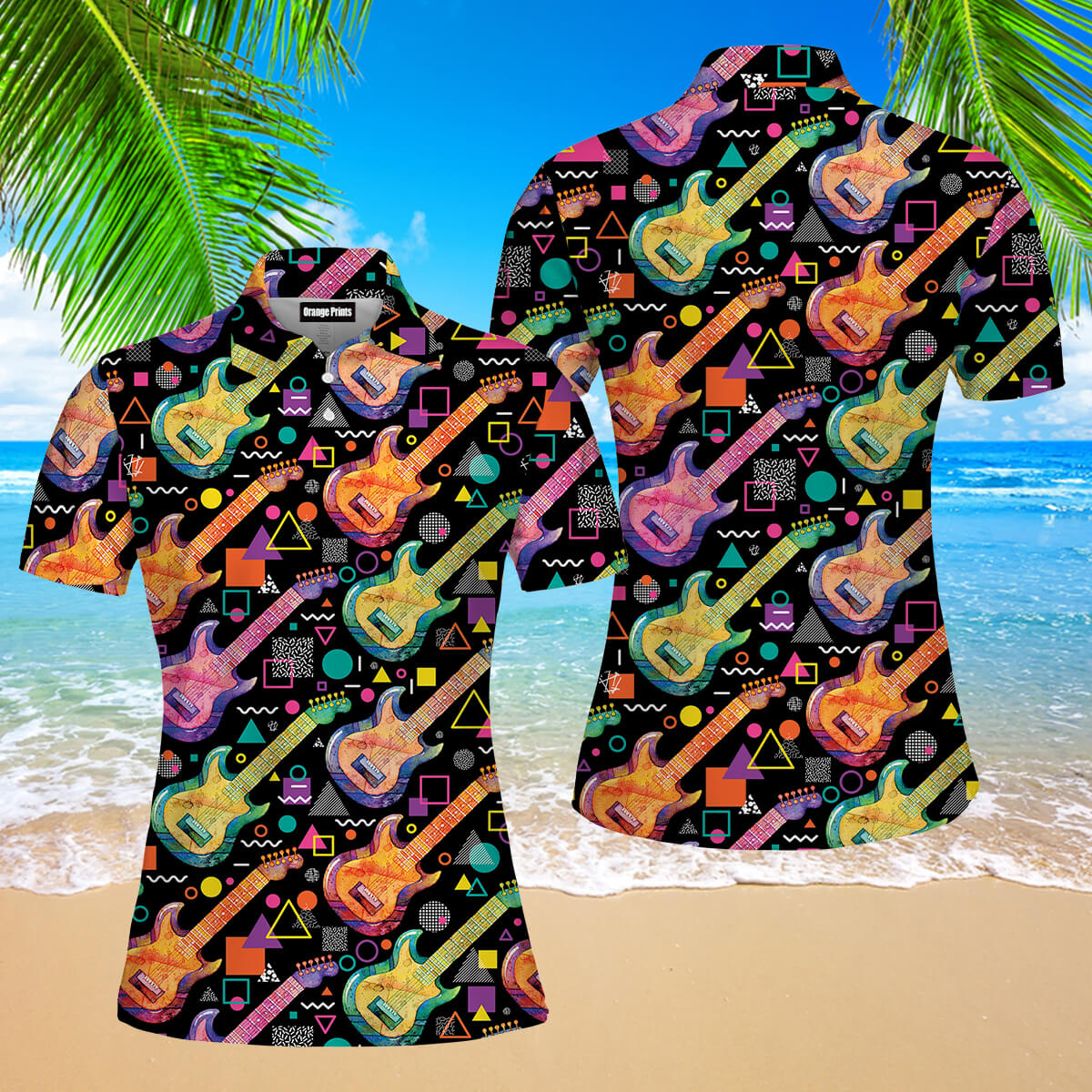 Watercolor Electric Guitar Polo Shirt For Women