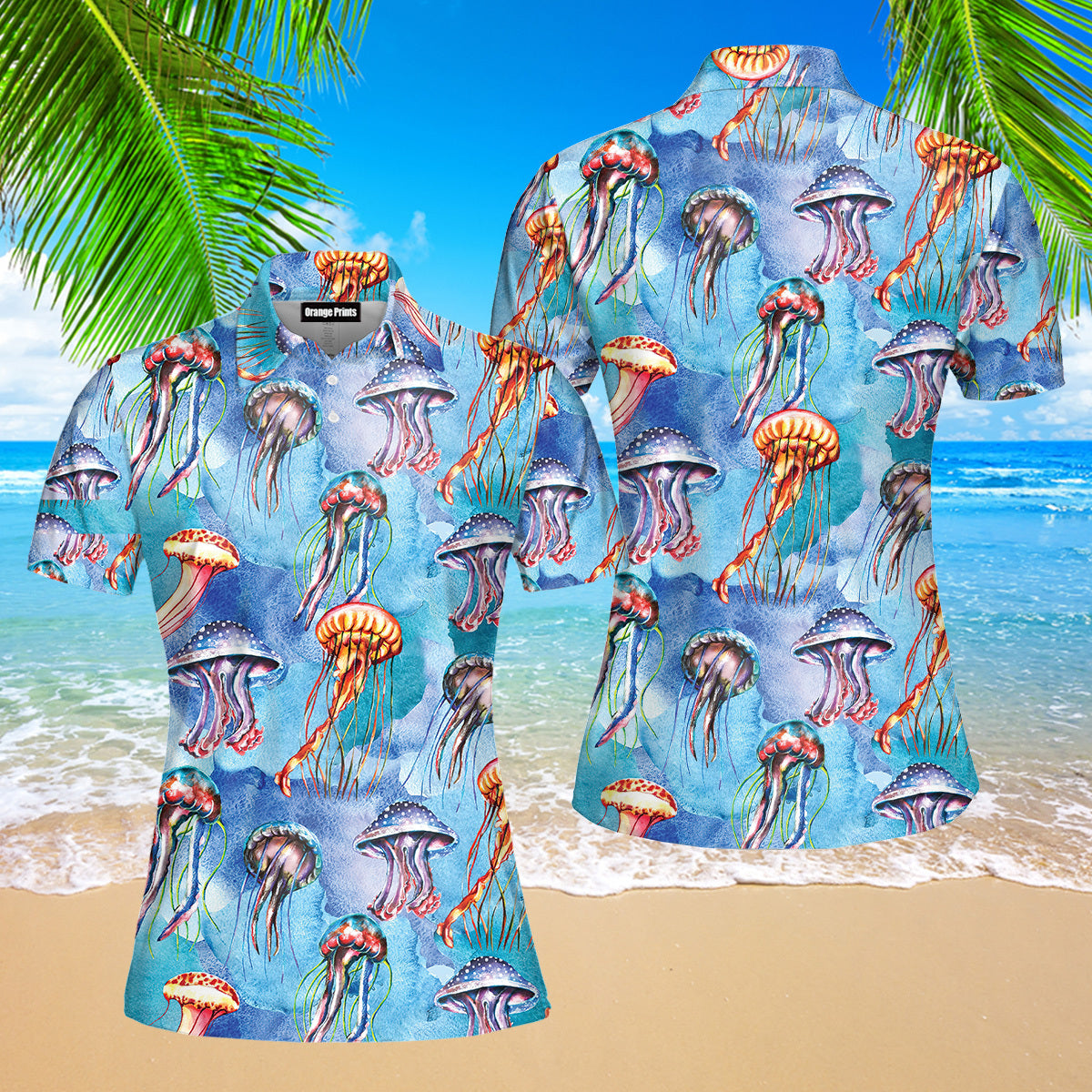 Watercolor Jellyfish Bright Colorful Polo Shirt For Women