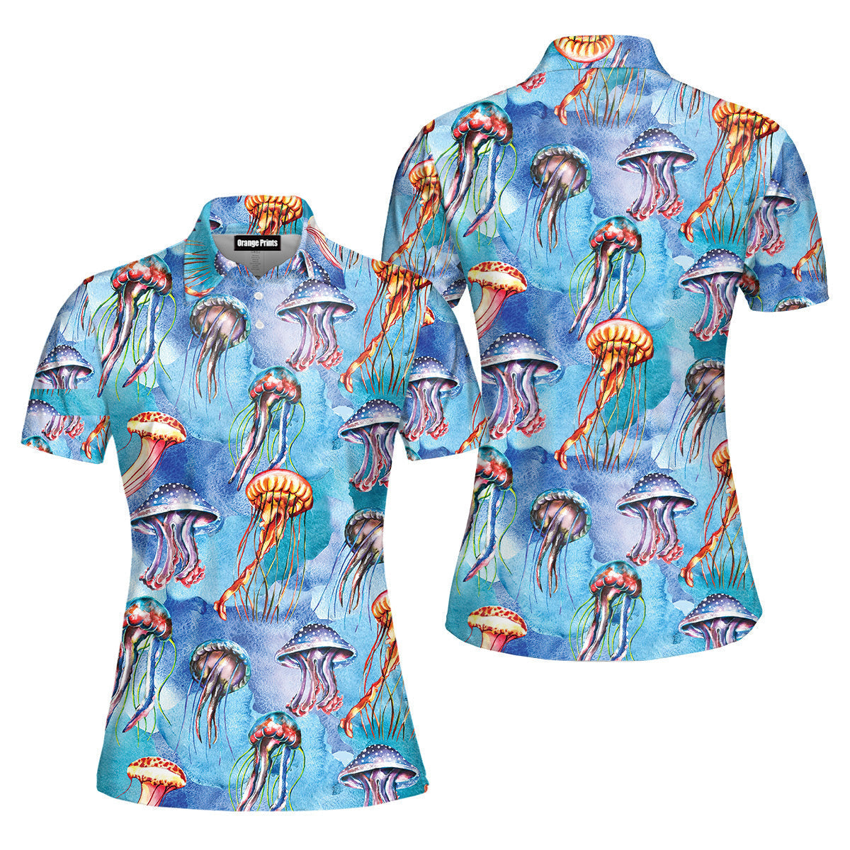 Watercolor Jellyfish Bright Colorful Polo Shirt For Women
