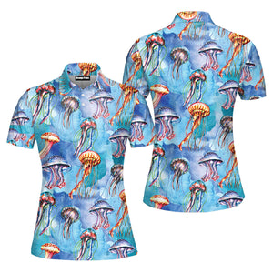 Watercolor Jellyfish Bright Colorful Polo Shirt For Women