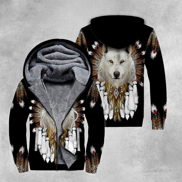 Wolf Native American Fleece Zip Hoodie For Men & Women
