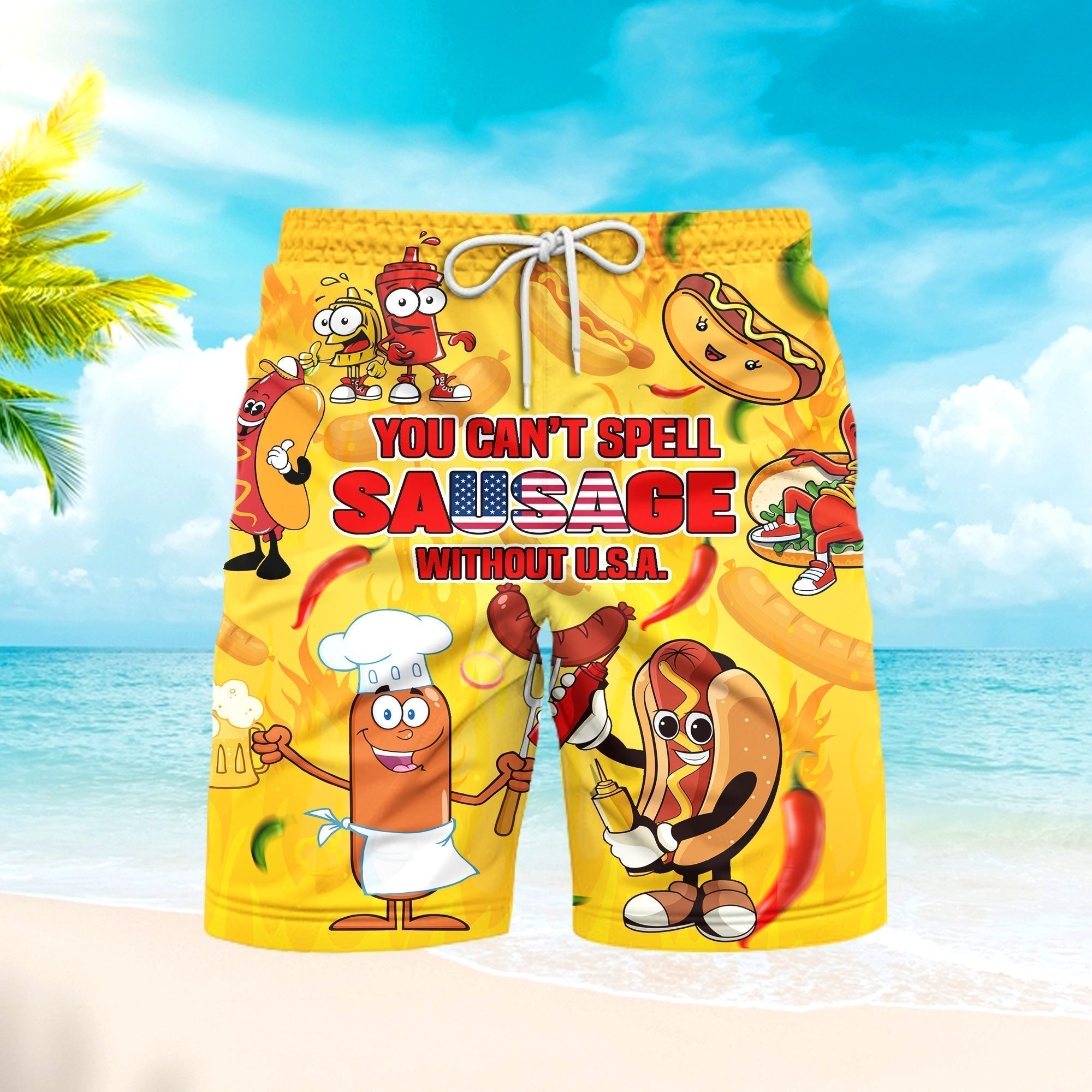 You Can't Spell Sausage Without USA Happy Independence Day 4th Of July Patriotic Beach Shorts For Men