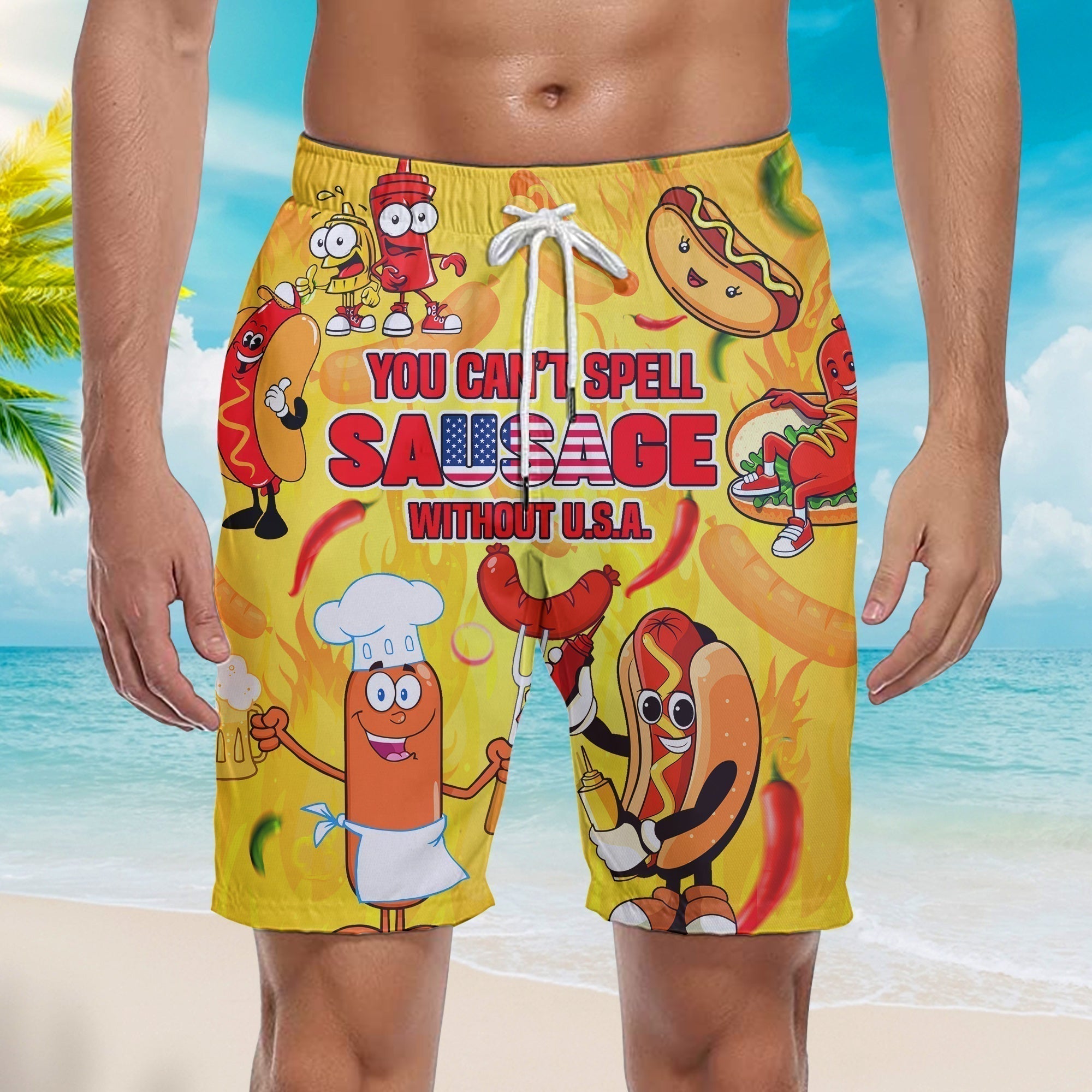 You Can't Spell Sausage Without USA Happy Independence Day 4th Of July Patriotic Beach Shorts For Men