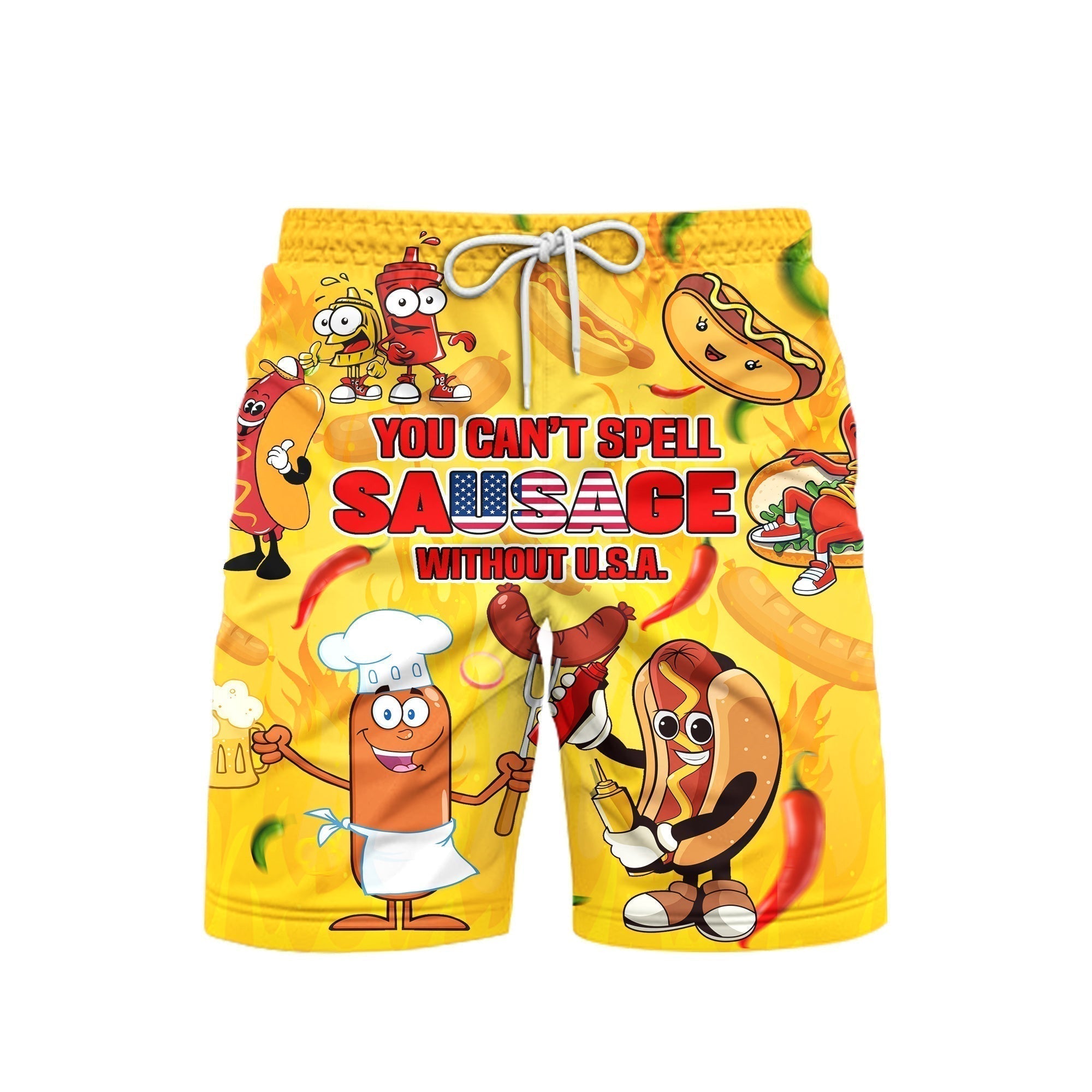 You Can't Spell Sausage Without USA Happy Independence Day 4th Of July Patriotic Beach Shorts For Men