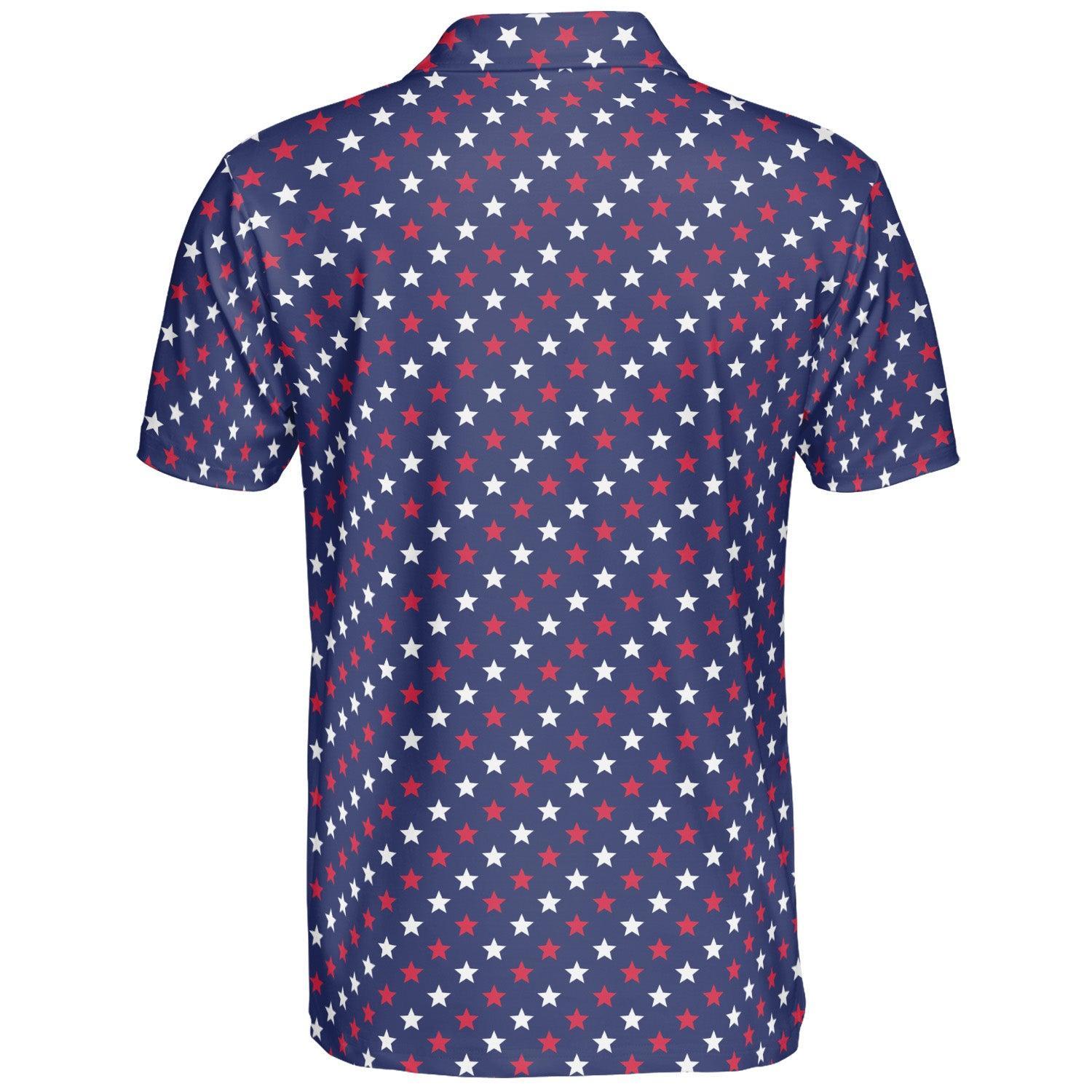 4th of July Blue Polo Patriotic Golf Shirt for Men Red and White Stars Moisture Wicking Summer Top