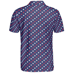 4th of July Blue Polo Patriotic Golf Shirt for Men Red and White Stars Moisture Wicking Summer Top