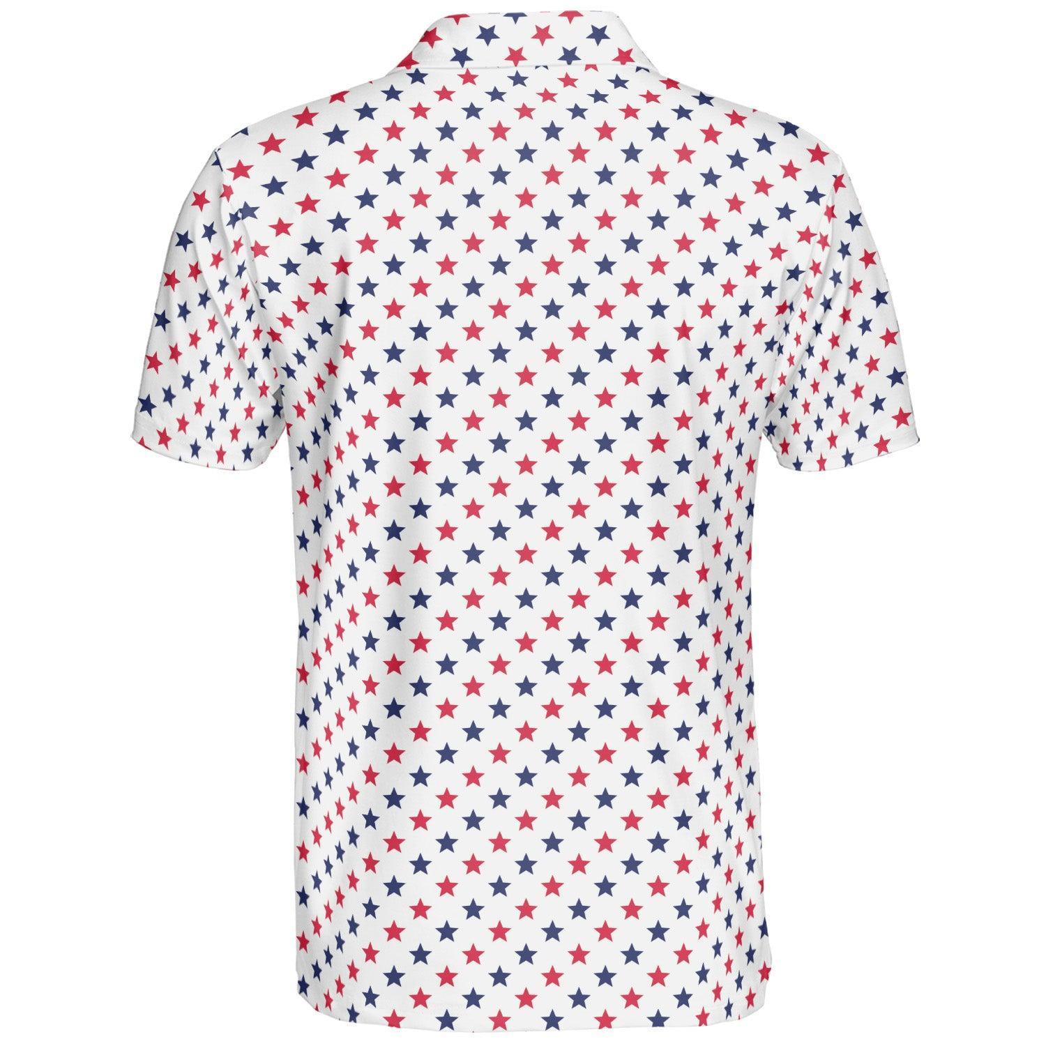 4th of July White Polo Patriotic Golf Shirt for Men Red and Blue Stars Moisture Wicking Summer Top