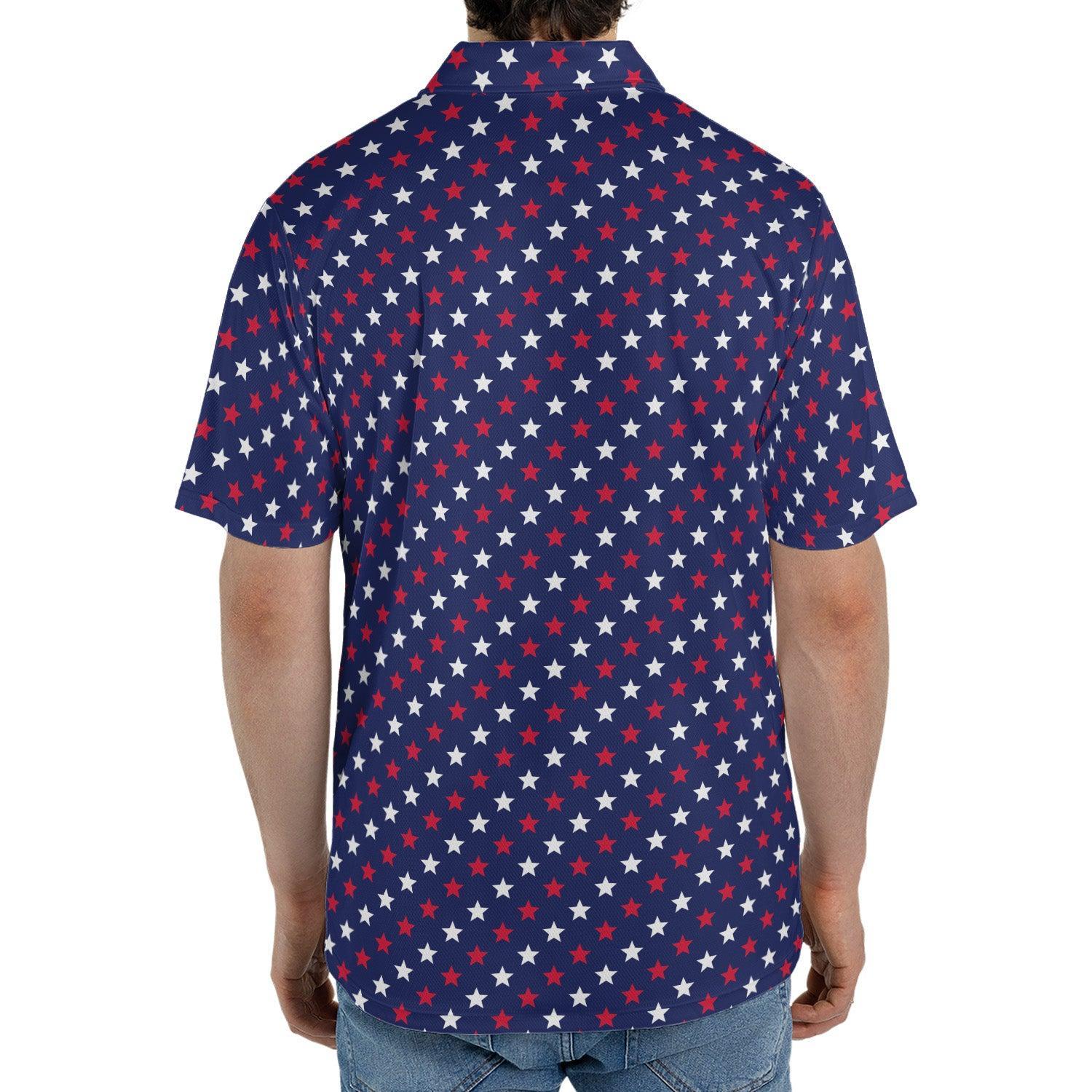 4th of July Blue Polo Patriotic Golf Shirt for Men Red and White Stars Moisture Wicking Summer Top