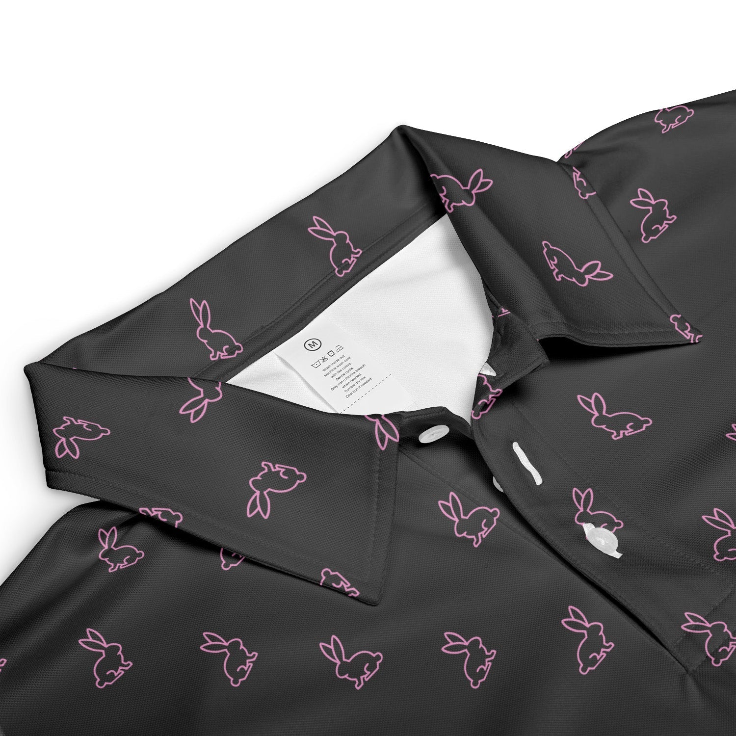 Black Polo Golf Shirt for Men Pink Easter Bunny Festive Rabbit Print Moisture Wicking Short Sleeve Top