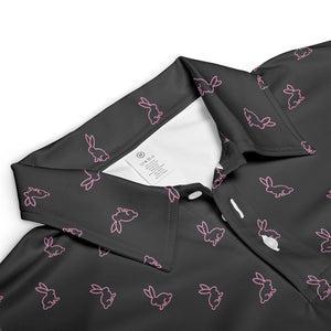 Black Polo Golf Shirt for Men Pink Easter Bunny Festive Rabbit Print Moisture Wicking Short Sleeve Top