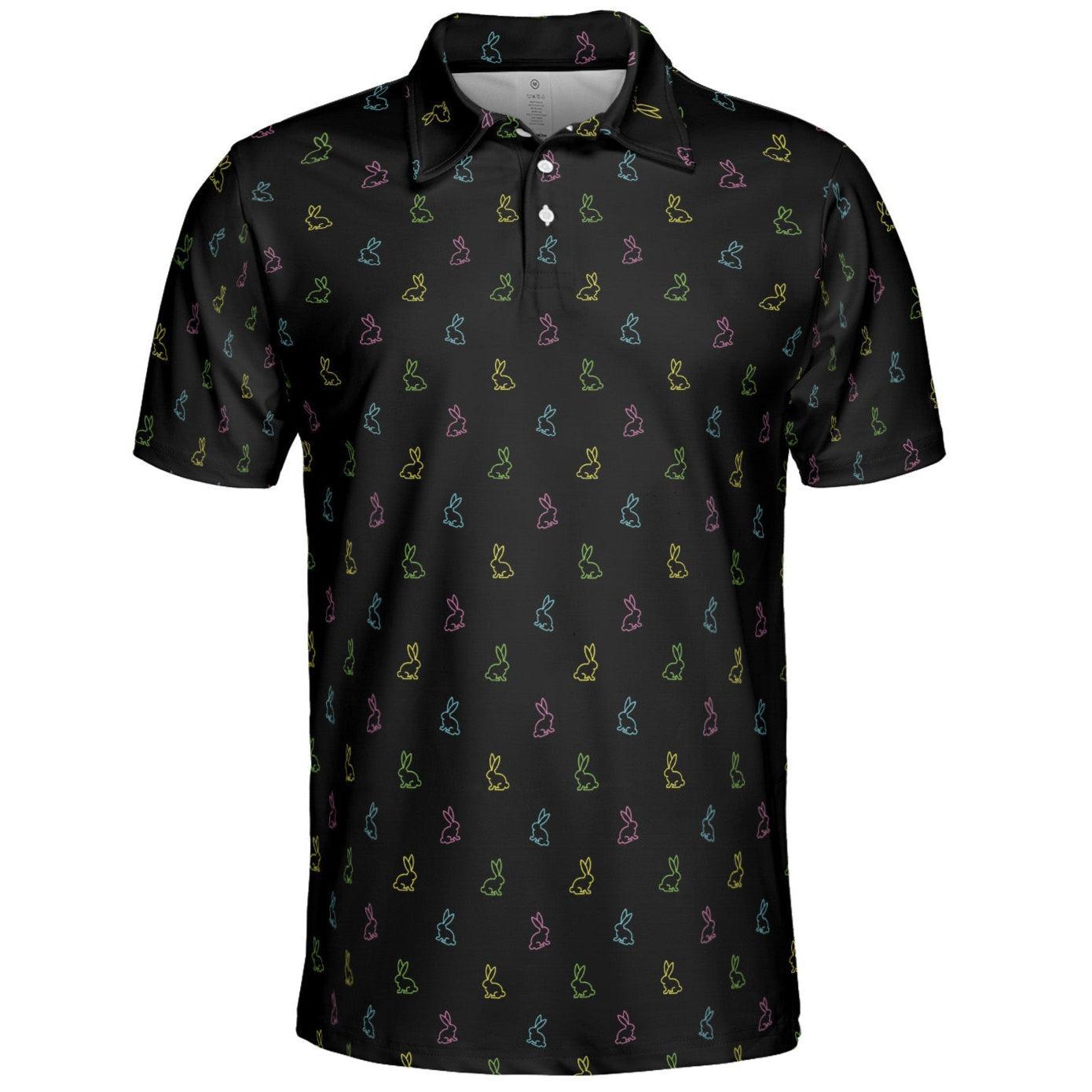 Easter Bunny Polo Golf Shirt for Men Retro Neon Rabbit Print Moisture Wicking Short Sleeve Top