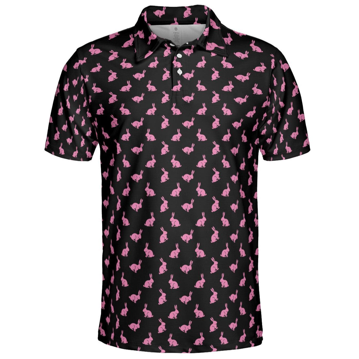 Black Easter Bunny Polo Shirt for Men Cool Pink Rabbit Print Moisture Wicking Short Sleeve Golf Top