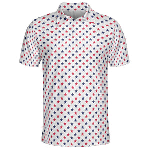 4th of July White Polo Patriotic Golf Shirt for Men Red and Blue Stars Moisture Wicking Summer Top