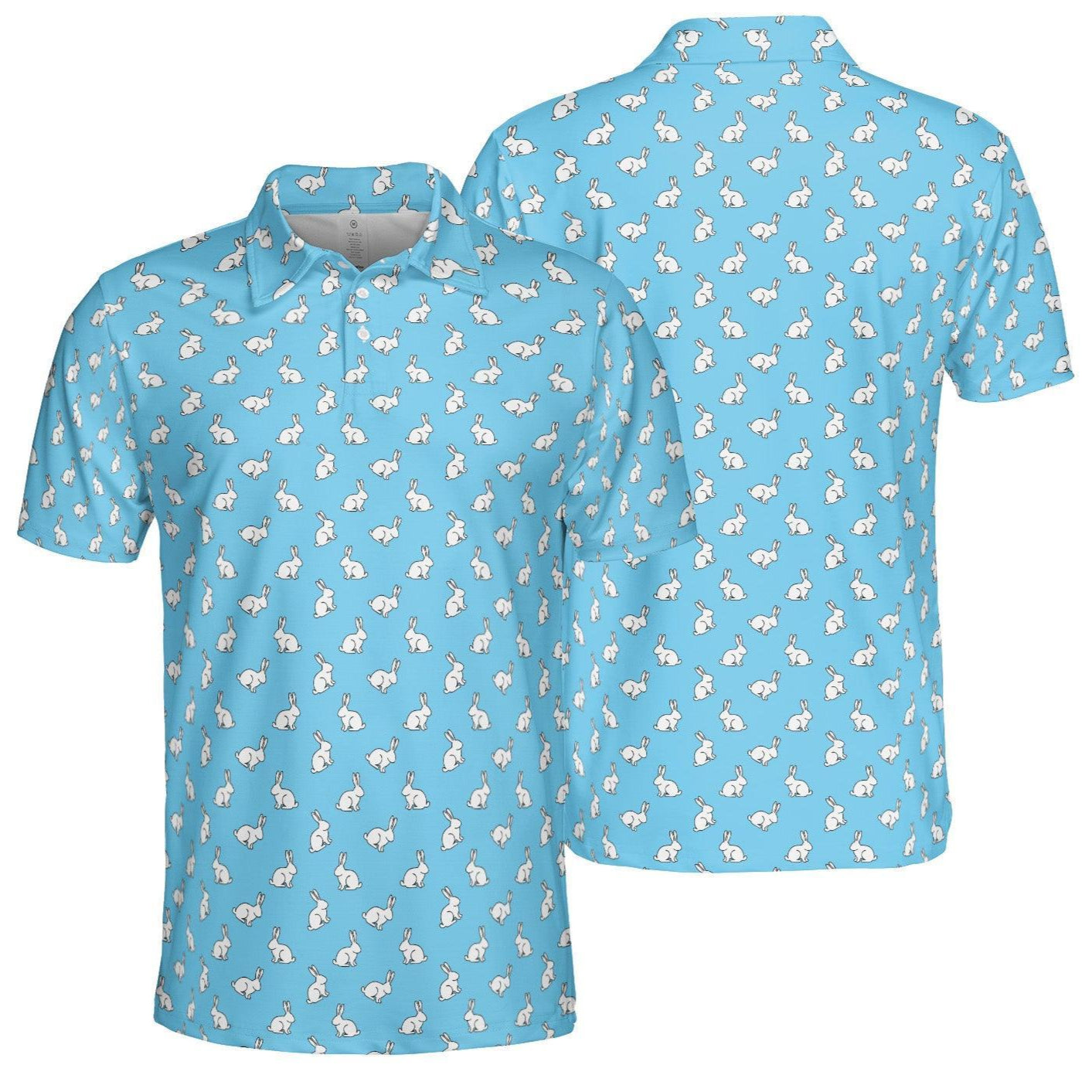 Blue Easter Bunny Polo Shirt for Men Cute White Rabbit Print Moisture Wicking Short Sleeve Golf Top