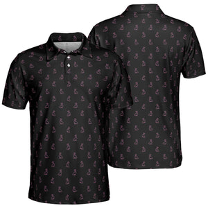 Black Polo Golf Shirt for Men Pink Easter Bunny Festive Rabbit Print Moisture Wicking Short Sleeve Top