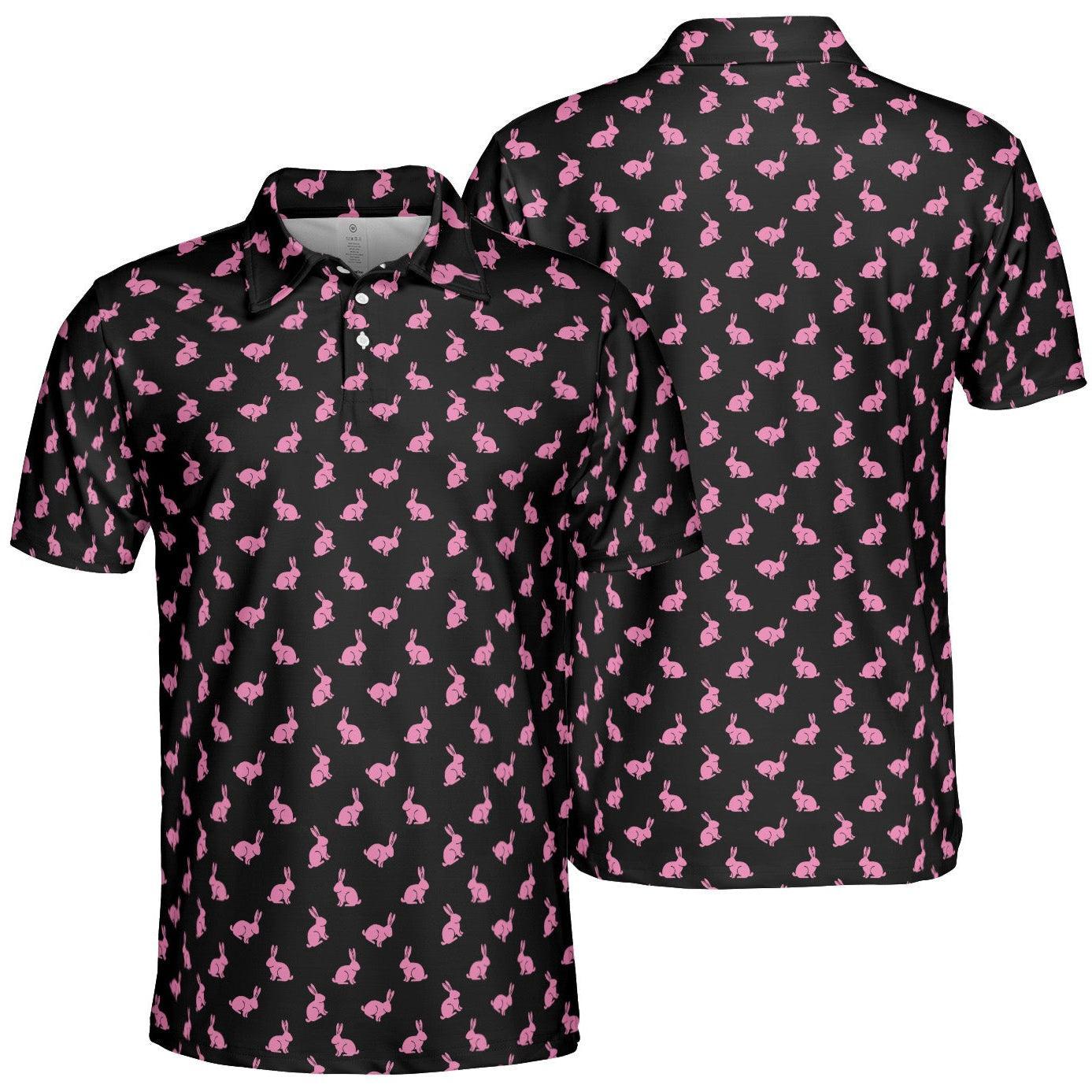 Black Easter Bunny Polo Shirt for Men Cool Pink Rabbit Print Moisture Wicking Short Sleeve Golf Top