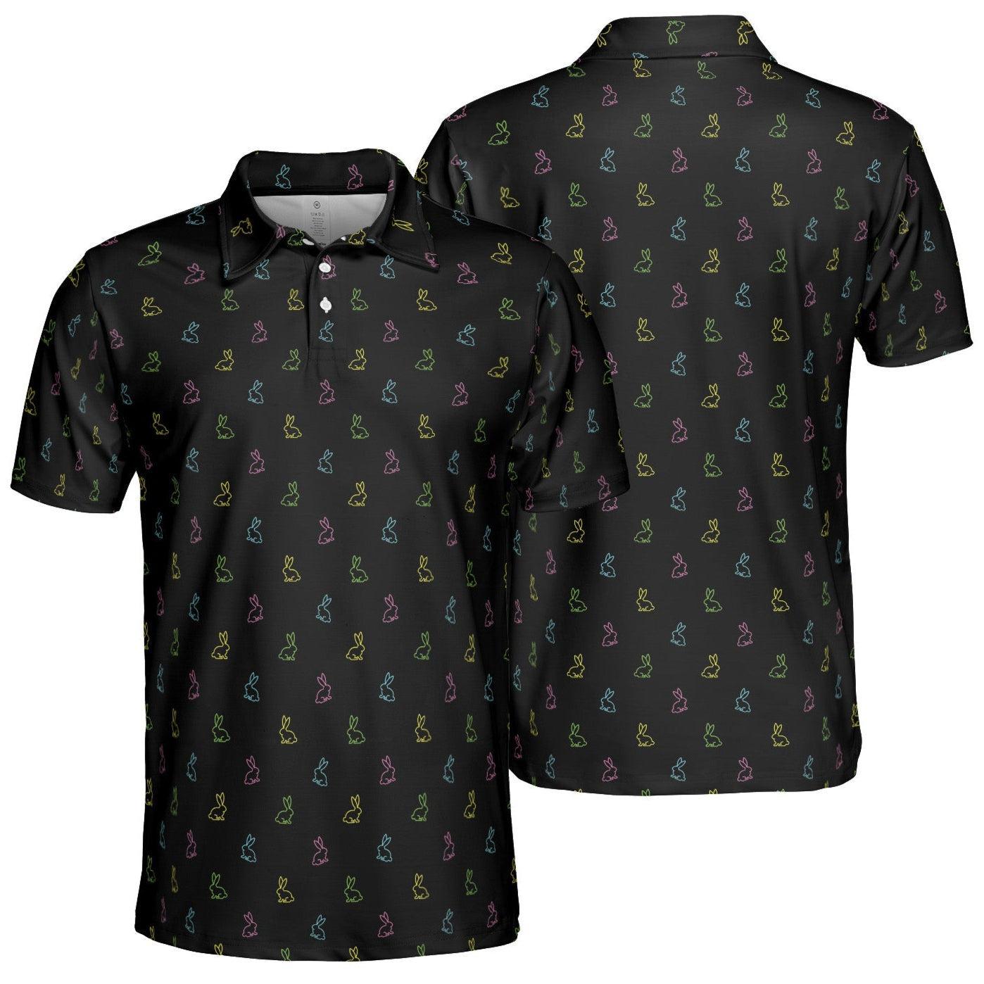 Easter Bunny Polo Golf Shirt for Men Retro Neon Rabbit Print Moisture Wicking Short Sleeve Top