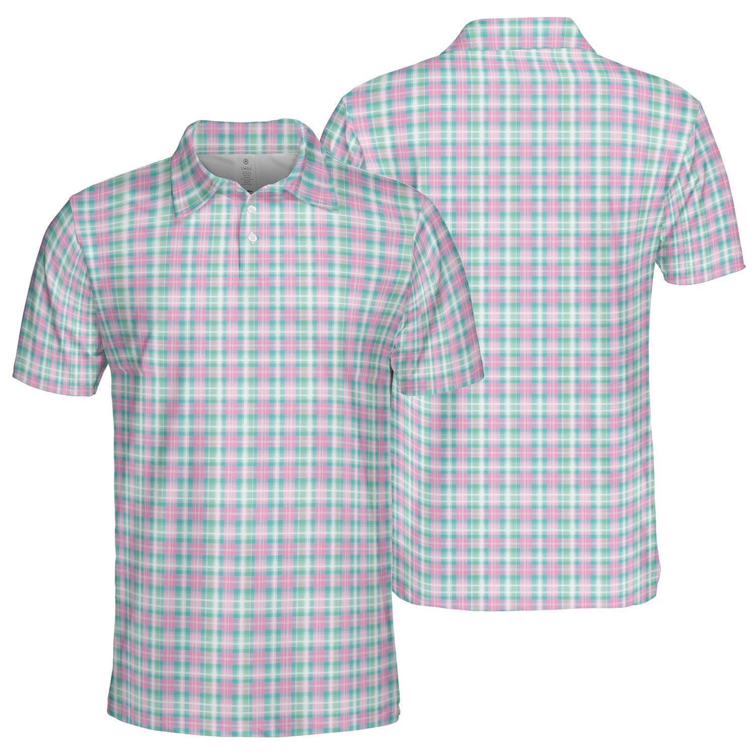 Easter Polo Golf Shirt for Men Pastel Plaid Spring Checkered Moisture Wicking Short Sleeve Top