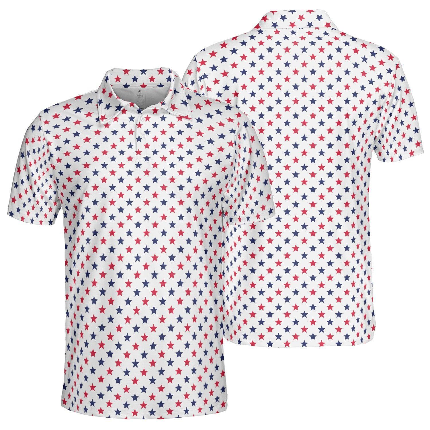 4th of July White Polo Patriotic Golf Shirt for Men Red and Blue Stars Moisture Wicking Summer Top
