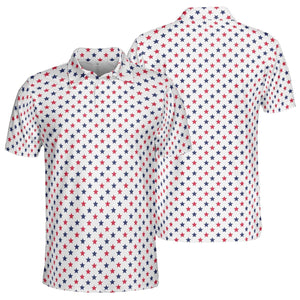 4th of July White Polo Patriotic Golf Shirt for Men Red and Blue Stars Moisture Wicking Summer Top