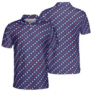 4th of July Blue Polo Patriotic Golf Shirt for Men Red and White Stars Moisture Wicking Summer Top