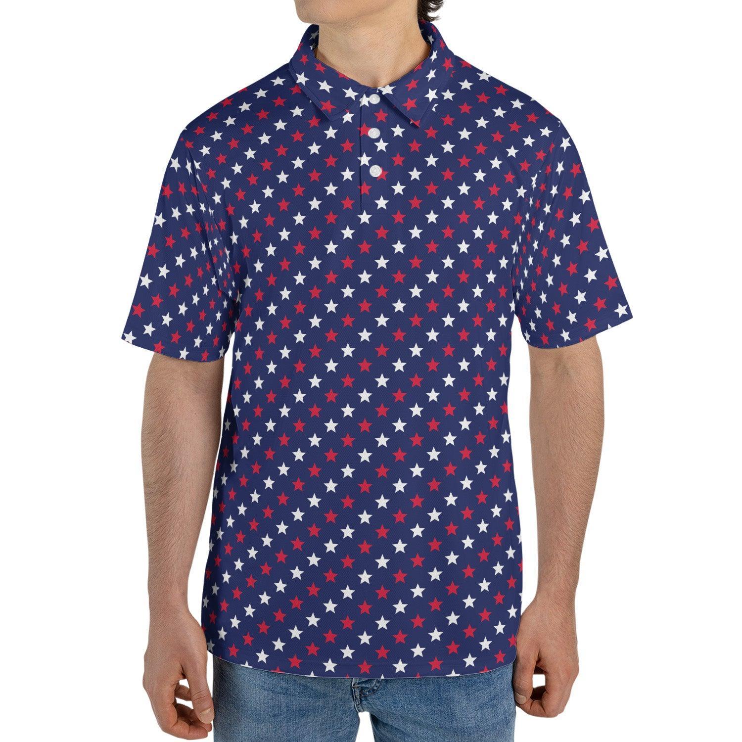 4th of July Blue Polo Patriotic Golf Shirt for Men Red and White Stars Moisture Wicking Summer Top