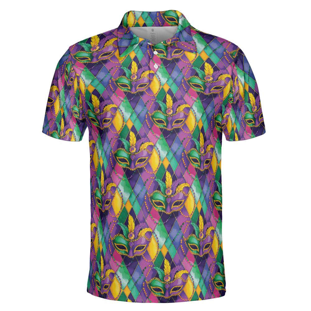 Mardi Gras Polo Shirts for Men Mask Party Shirt Moisture Wicking Short Sleeve Golf Shirt