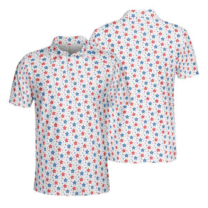 4th of July Polo Shirts for Men White Patriotic Stars Moisture Wicking Short Sleeve Golf Shirt