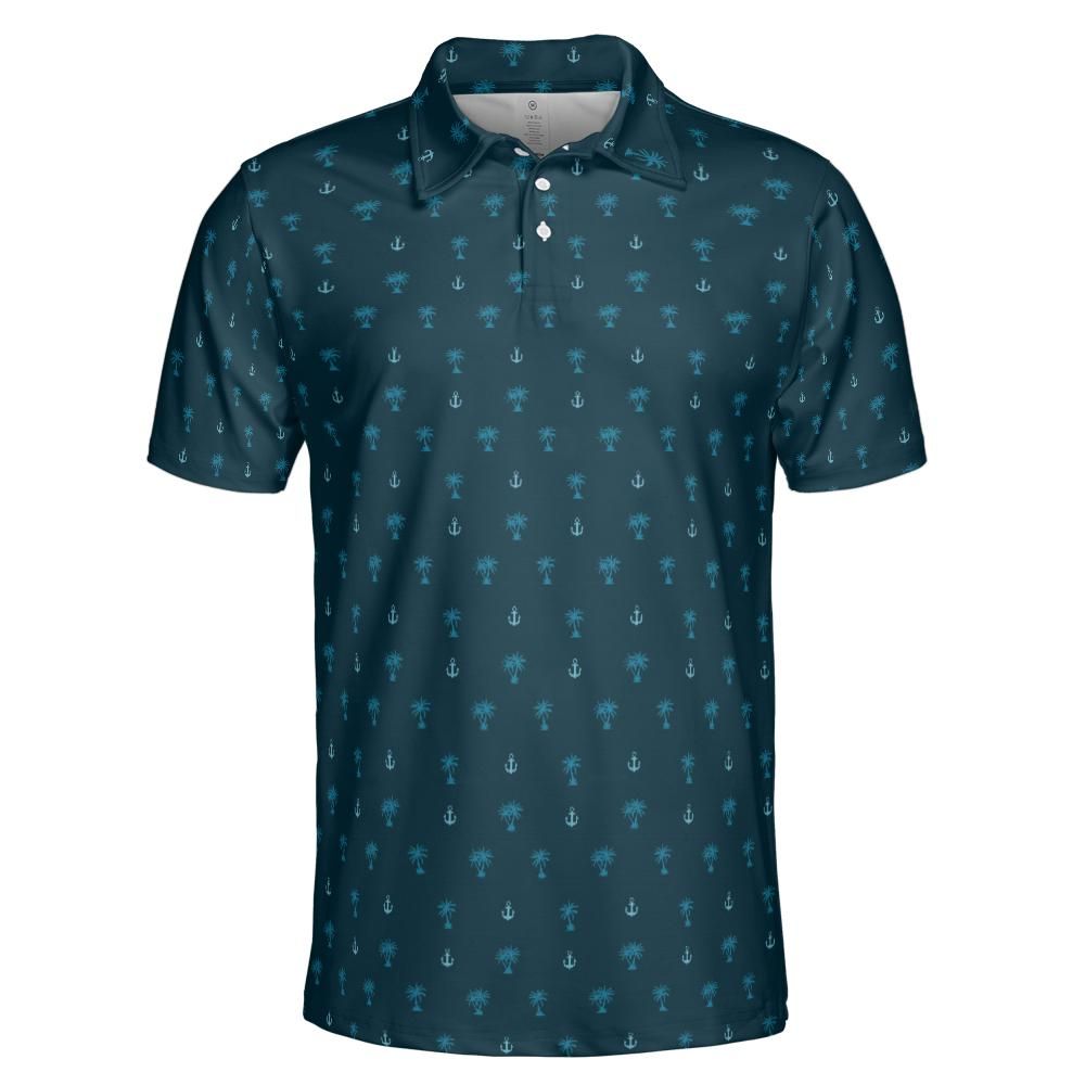Anchor Palm Tree Golf Polo Shirt for Men Moisture Wicking Short Sleeve Vacation Top