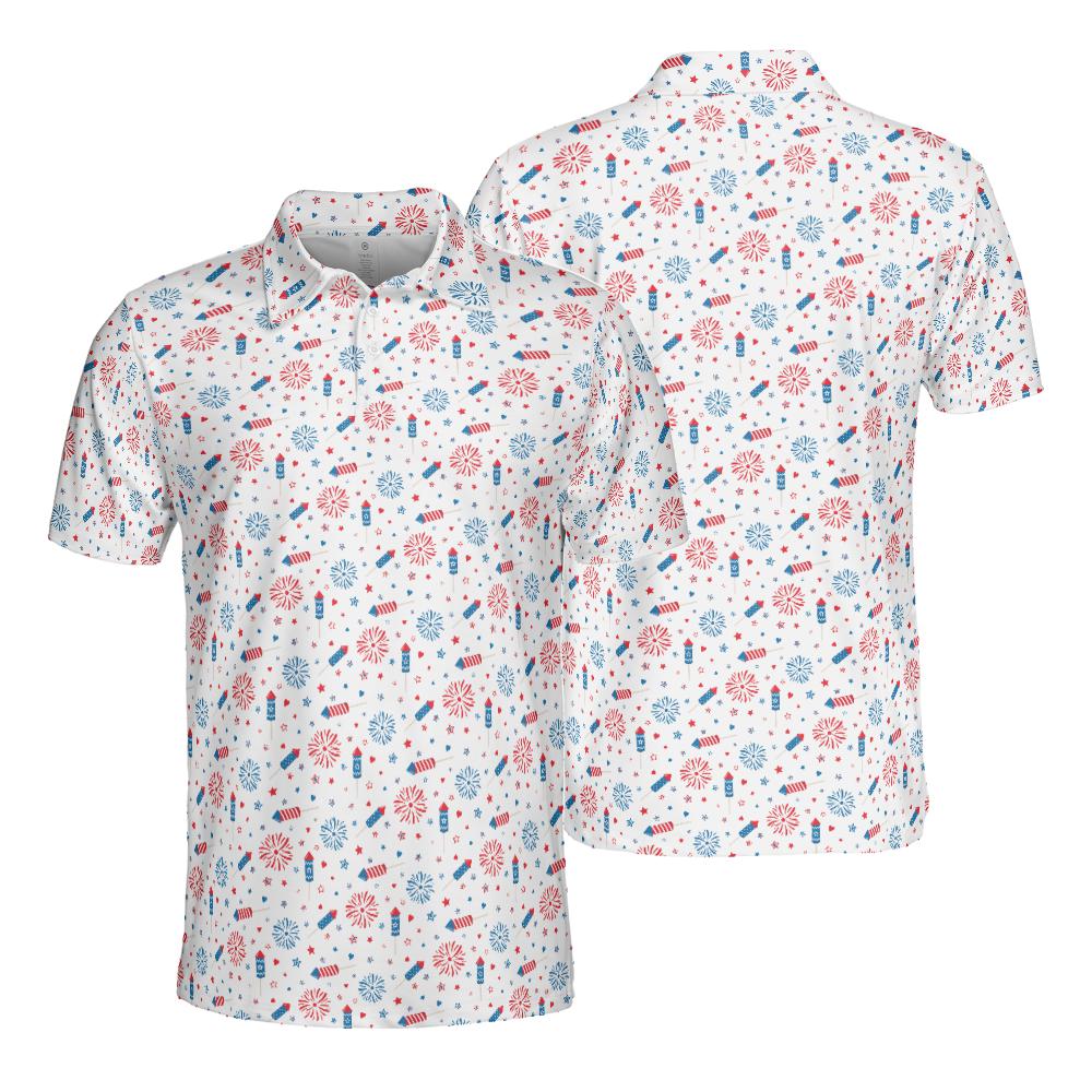 4th of July Polo Shirts for Men Fireworks Moisture Wicking Short Sleeve Golf Shirt