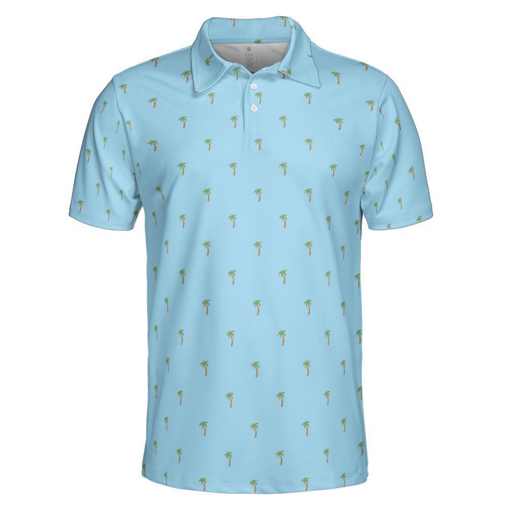 Tropical Blue Polo Golf Shirt for Men Palm Tree Print Beach Vacation Moisture Wicking Short Sleeve Top