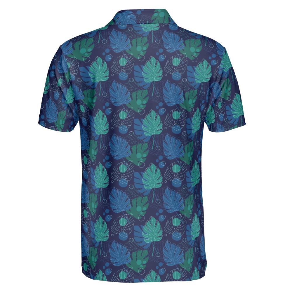 Navy Blue Polo Golf Shirt for Men Tropical Leaf Print Moisture Wicking Short Sleeve Top
