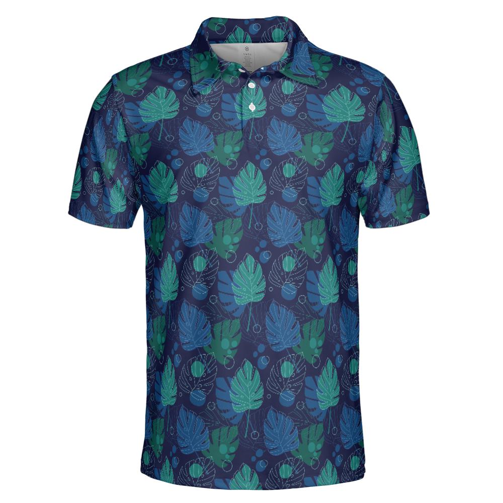 Navy Blue Polo Golf Shirt for Men Tropical Leaf Print Moisture Wicking Short Sleeve Top